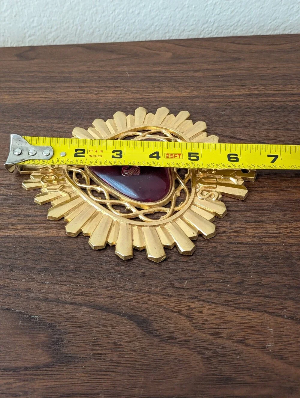 Vintage 1950's Brass Ex Voto My Jesus IHS Mercy Plaque Red Heart Wall Hanging